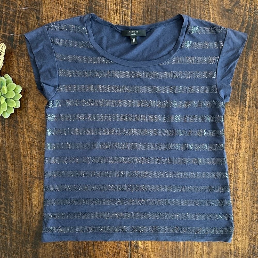 Weekend Max Mara | Navy Blue Sequin Striped Short Sleeve Crewneck Tee, Size S